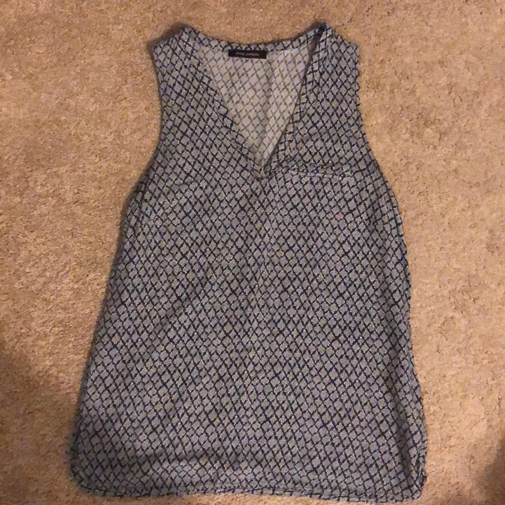 Navy blue and white pattern v neck blouse